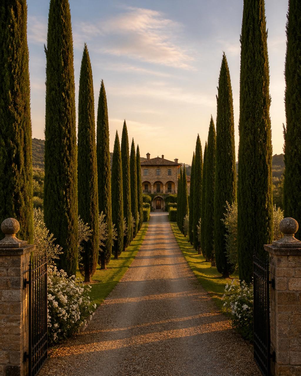 Mediterranean estate driveway lined with Cypress trees