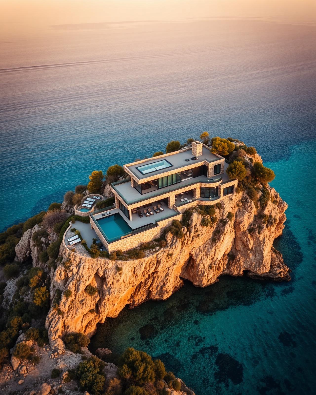 Contemporary stone villa on a Mallorcan cliffside at golden hour
